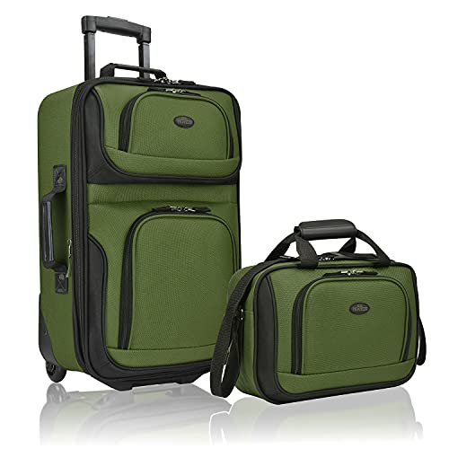 U.S. Traveler Rio Rugged Fabric Expandable Carry-on Luggage, 2 Wheel Rolling Suitcase, Green, Set