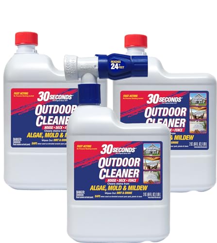 30 Seconds Mold and Mildew Stain Remover & Outdoor Cleaner - Rapid Results, Cleans Algae, Dirt & Grime from Fences, Siding, Concrete, Deck - 3 Pack 64 OZ Capped Refill Bottles, 1 Hose End Attachment