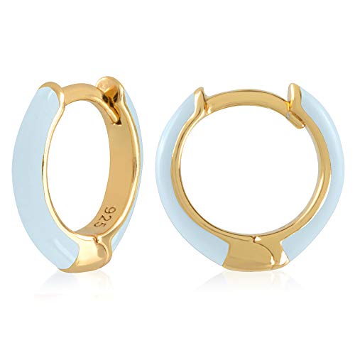 14K Gold Plated Sterling Silver Enamel Color Huggie Hoop Earrings for Women – Extra Light Blue Enamel