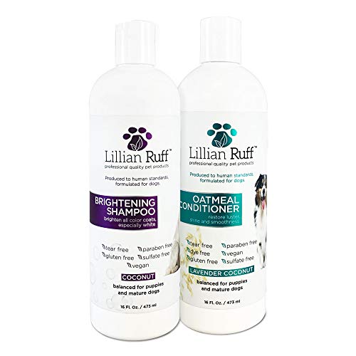 Lillian Ruff Brightening Shampoo & Oatmeal Conditioner Set for Dogs – Safe for Cats - Tear Free Coconut Scent with Aloe for Normal, Dry & Sensitive Skin