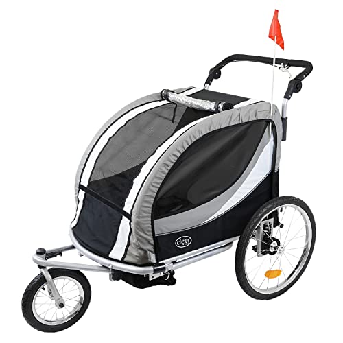 ClevrPlus Deluxe 3-in-1 Double 2 Seat Bicycle Bike Trailer Jogger Stroller for Kids Children | Foldable w/Pivot Front Wheel, Grey