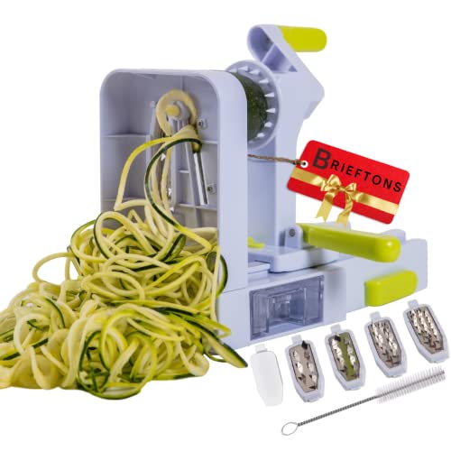 Brieftons QuickFold 5-Blade Spiralizer: Versatile & Compact Foldable Vegetable Spiral Slicer, Best Veggie Pasta Spaghetti Maker for Low Carb/Paleo/Gluten-Free with Brush & 4 Recipe Ebooks