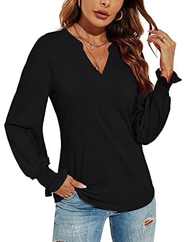 Romanstii Women's Stretchy Soild Color Tee Fall Clothes Casual Ruffle Sleeve T-Shirts,Black,XXL