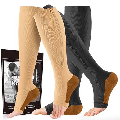 cerpite Zipper Compression Socks Men & Women - 2 Pairs Of 15-20mmhg Open Toe Compression Socks Knee High,Suit For Running