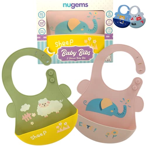 NUGEMS Silicone Baby Bibs for Babies & Toddlers (6-72 months) Silicone Bibs for Boy, Girls, Baby Gifts, Baby Shower Gifts 2 Pack(Pink and Yellow)
