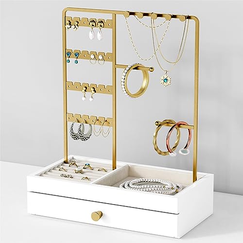Goozii Gold Jewelry Stand Organizer Necklace Holder for Women Girls, Earring Ring Bracelet Display Stand with Tray Storage Drawer, Small Wood Jewelry Hanger Tree Tower for Vanity Dresser -White