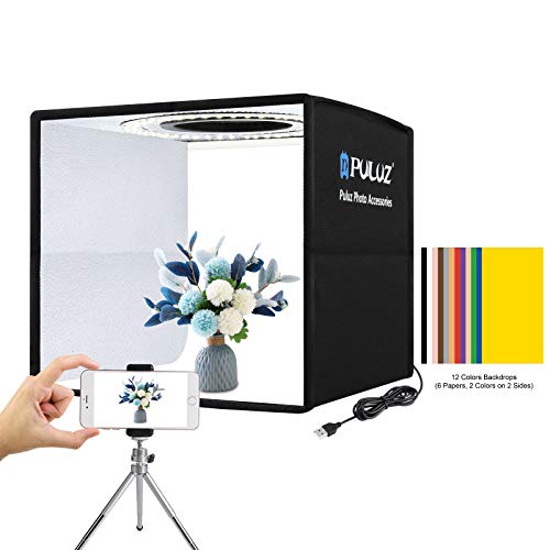 PULUZ Mini Photo Studio Light Box, Photo Shooting Tent kit, Portable Folding Photography Light Tent with CRI 95 96pcs LED Light & 6 Kinds Double-Sided Color Backgrounds for Small Size Products
