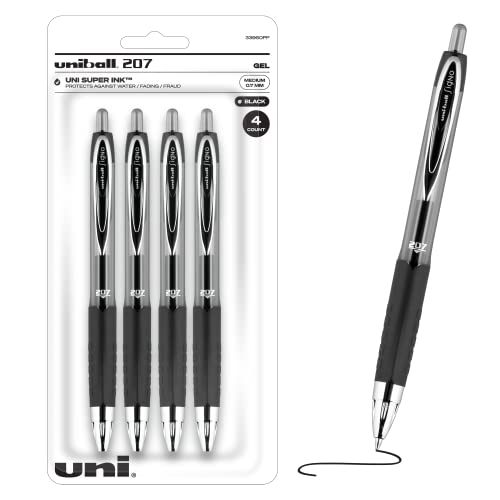 uni-ball Signo Gel 207 Retractable Gel Pens, Medium Point, 0.7 mm, Clear Barrel, Black Ink, Pack Of 4