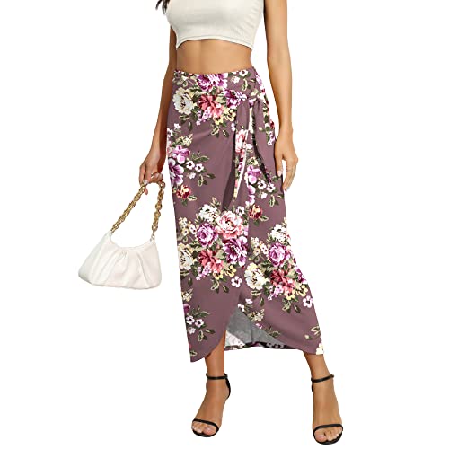 Witsmile Women’s Maxi Wrap Pencil Skirt - High Waist Slim Boho Long Skirt with Twist-Front for Work Casual (FP Peony-Dark Pink,M)