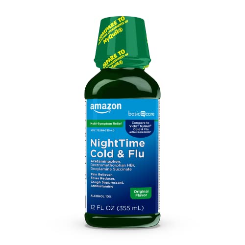 Amazon Basic Care Nighttime Cold and Flu Medicine, Maximum Strength, Original Flavor Liquid, Multi-Symptom Relief, 12 fl oz (Pack of 1)
