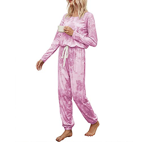 Women's Tie Dye Printed Pajamas Outfit Short Lounge Set Long Sleeve Tops Pants Casual 2 Piece Set Sleepwear Clothes (Pink, X-Large)