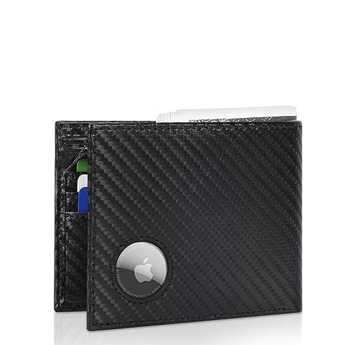 LAKIPETN AirTag Wallet - Bifold Genuine Leather RFID Blocking Men's Wallets With Air Tag Holder Compatible with Apple Air Tag,ID Windows,2 Bill Divider,11 Cards Holders, with Gift Box (Carbon Black)