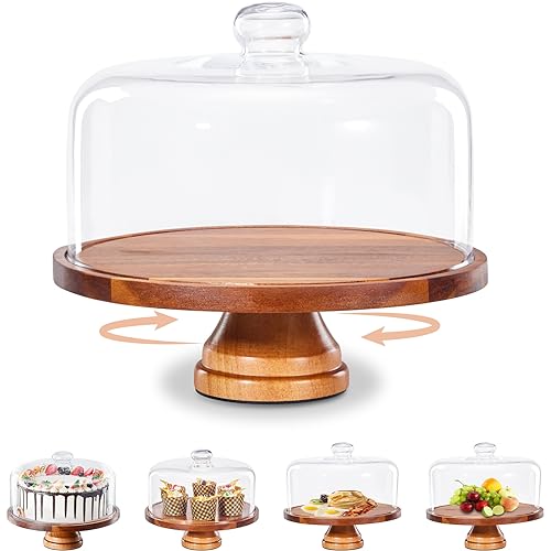 Yangbaga Glass Cake Stand with Lid,11in Wooden Rotating Cake Stand with Dome Cover, Cake Plate Display Server Tray for Birthday Kitchen Party Baking Gifts