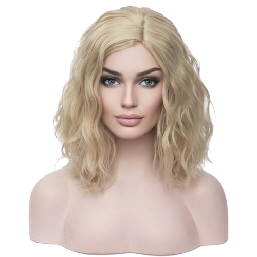 BERON 14' Women Girls Short Curly Bob Wavy Wig Body Wave Halloween Cosplay Daily Party Wigs (Blonde)