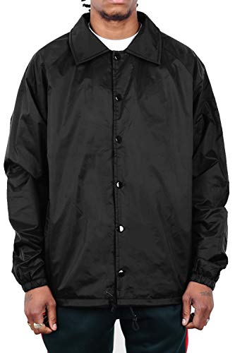 Shaka Wear Men’s Coach Jacket – Classic Windbreaker Nylon Water Resistance Relaxed Fit Snaps Blank Coat CJ02 Black 1XL