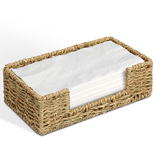 Graciadeco Bathroom Disposable Guest Towel Napkin Holder Long Seagrass Woven Rattan Wicker Table Dinner Paper Hand Guest Towel Napkin Basket Tray Caddy for Kitchen