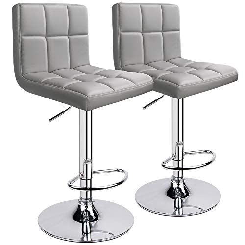 Leopard Bar Stools, Modern PU Leather Adjustable Swivel Bar Stool with Back, Set of 2 (Light Grey)