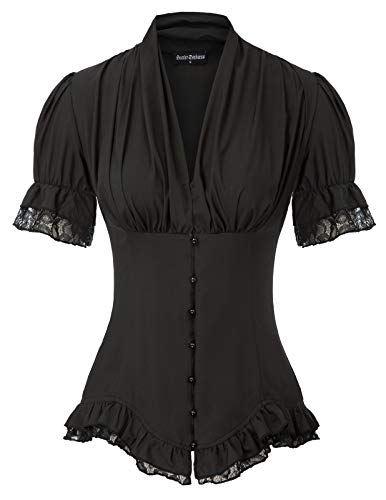 Scarlet Darkness Black Elegant Shirt Womens Steampunk Victorian Lace Up Blouse V Neck Short Sleeve Shirts Black L