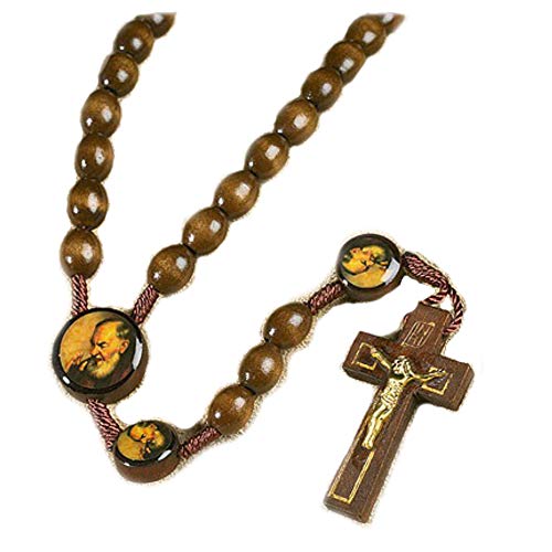Saint St Padre Pio Pietrelcina 10MM Wood Bead 19' Cord Rosary with Prayer Card (Original Version)