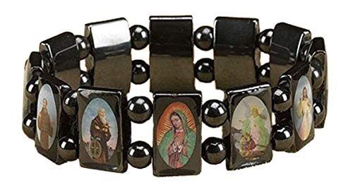 Religious Gifts Mens Womens Catholic Gift 1/2 Inch H Hematite Bead All Patron Saints Icon Image Stretch Bracelet