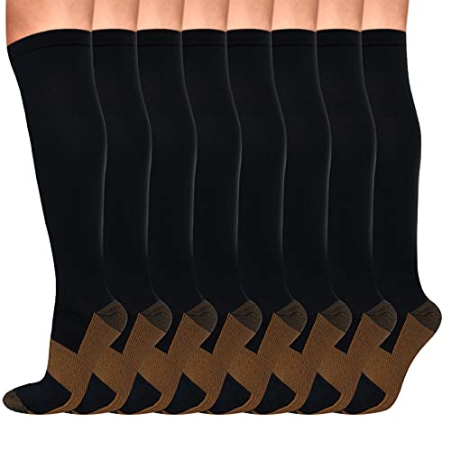 8 Pairs Copper Compression Socks for Women & Men Circulation 15-20 mmHg Knee High Compression Socks Flexible Fit for Nurse, Running, Pregnancy, Flight, Travel (Black, XXL)