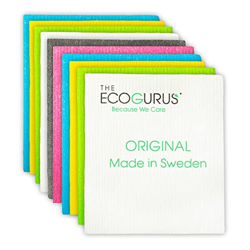 The EcoGurus Premium Swedish Dishcloths for Kitchen (10 x Assorted) Multi-Surface, Cellulose & Cotton, Original Made in Sweden - Eco-Friendly, Reusable, Absorbent, No Odor, Cellulose Sponge Cloths