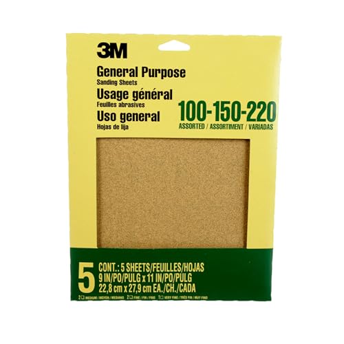 3M Aluminum Oxide Sandpaper, 5 Sheets, Assorted Grit 100-150-220, 9-in x 11-in, Multi-Purpose Abrasive Sanding Paper, For General Purpose Sanding On Paint, Wood and Metal (9005NA)