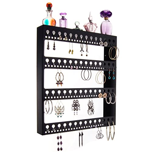 Angelynn's Wall Earring Holder Organizer for Big Large Hoop Long Post Stud Earrings Hanging Jewelry Closet Storage Rack with Shelf, Rose Black