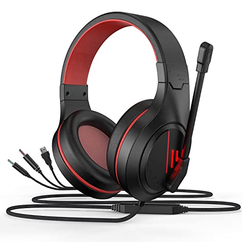Anivia MH601 Headphones with Microphone Wired Headset with Active Noise Canceling Microphone, 3.5mm Audio Jack Stereo Headphone - Red (Game/Work/School)