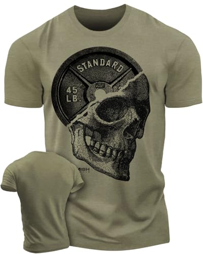 Gymish Lifestyle Skull Plate Gym Shirt, Work Out Deadlift Skull T-Shirt for Men (LG, SkullPlate Military Green)