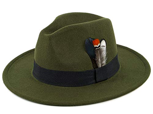 FADACHY Classic Fedora Hat for Men & Women Wide Brim Felt Hat Panama Dress Hat Olive Green Fedora, L Large XL