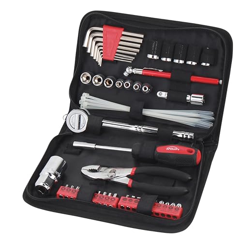 Apollo Tools 56 Piece Compact SAE Auto Tool Set in Zippered Case, Small Mechanic Tool Set for Car Emergency, Motorcycle Repair on the Road, Great for Travel Tool Needs - Red - DT9774
