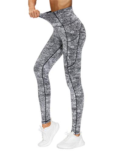 THE GYM PEOPLE Thick High Waist Yoga Pants with Pockets, Tummy Control Workout Running Yoga Leggings for Women (X-Large, Black & White Jacquard)