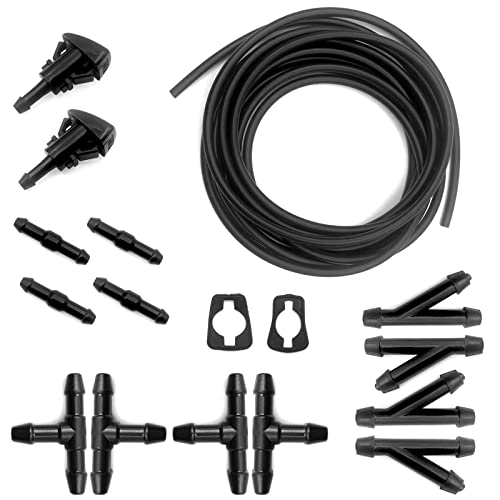 Windshield Washer Hose Kit, 5M Washer Fluid Hose+12 Pcs Hose Connectors+2 Fan Nozzles+2 Rubber Gaskets, Connect Car Water Pump and Nozzles, Suitable for Most Car Windshield Washer Tubing