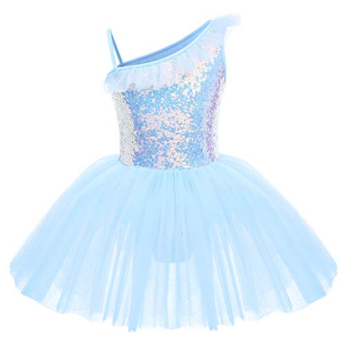 IDOPIP Toddler Kids Girls Sequin Ruffle One Shoulder Ballet Dance Dress Tutu Skirted Leotard Glitter Shiny Camisole Ballerina Dancewear Gymnastics Stage Performance Costume Blue 3-4 Years