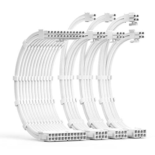 ABNO1 PSU Cable Extension Kit 30CM Length with Cable Combs 1x24Pin/1x8Pin(4+4) EPS/2x8Pin(6P+2P) PCI-E/PC Sleeved Cable for ATX Power Supply(White)