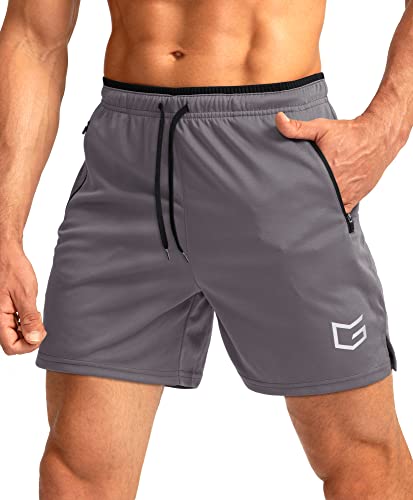 G Gradual Men's Running Shorts with Zipper Pockets Quick Dry Gym Athletic Workout 5' Shorts for Men (Grey, Large)