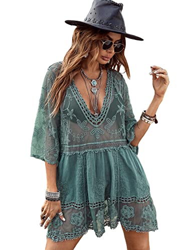 MakeMeChic Women's Short Sleeve Plunging Beach Cover Up Dress Swimsuit Cover Up Green one-Size