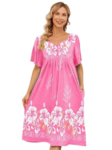 UDFORSK House Coats for Women with Pockets Womens Lounger House Dresses for Older Women with Pockets Patio Dress Women Dusters Grandma Dress Moo Moo Nightgown Women Mumu Old Lady House Dress Pink M