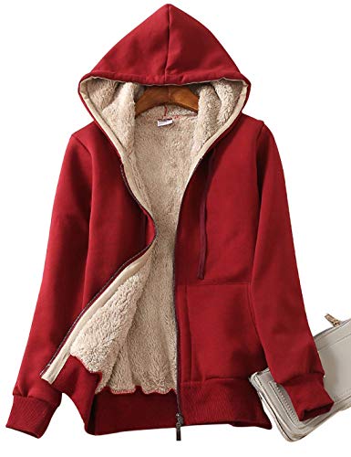 Yeokou Women's Casual Full Zip Up Sherpa Lined Hoodie Sweatshirt Jacket Coat (Large, Wine Red)