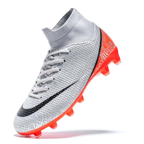 Favdeol Boys Girls Soccer Cleats Kids Football Shoes High Top Training Youth Football Cleats Outdoor Soccer Shoes Grey Orange,5.5