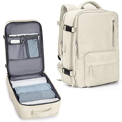 Carry On Backpack for Women, Airline Approved Large Travel Backpack Flight Approved, Waterproof 17 Inch Laptop Backpack Business Work Backpacks Bag Men Beige Mochila De Viaje