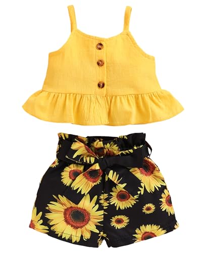 Kucnuzki Toddler Baby Girl Clothes Summer Outfits Ruffle Sleeveless Linen Shirt Kid Short Set for Girl (12-18 Months, Yellow+Black)