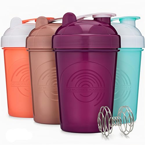 GOMOYO 4-Pack - 20 Ounce Shaker Bottle, Blender Protein Shaker Whisk, Bulk Protein Drink and Pre-Workout Shaker Cups, Dishwasher Safe & BPA Free