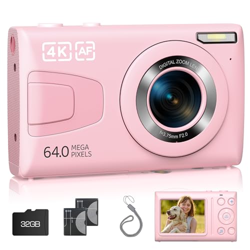 Digital Camera 64MP 4K Auto Focus Point and Shoot Video Camera with 32GB Card for Vlog, 18X Zoom, Compact Small Vintage Camera for Teens Students Boys Girls Kids Pink