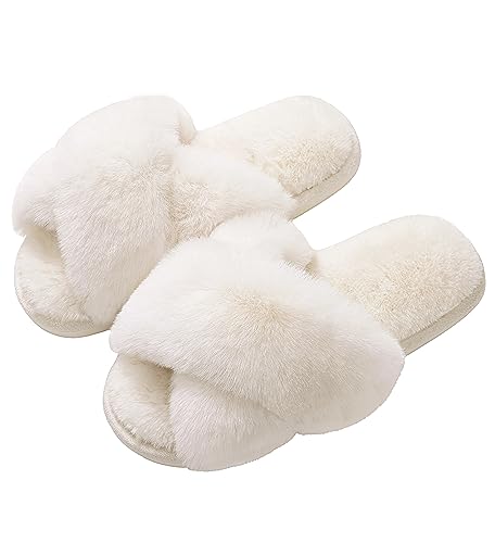 Evshine Women's Fuzzy Slippers Cross Band Memory Foam House Slippers Open Toe Indoor Outdoor Shoes, White, 40-41 (Size 8.5-9.5)
