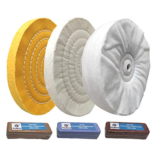 PURUI 8' Buffing Polishing Wheel-Coarse (42PLY) Medium(60PLY) Fine(40PLY) with 5/8' Arbor Hole -Brown,Blue,Red Rouge Polishing Compounds for Bench Grinder 6PC