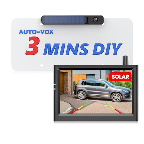 AUTO-VOX Solar Wireless Backup Camera with 5' Car Monitor, 3Mins DIY Install, Battery Powered & Stable Signal Back Up Camera Systems, IP69K Waterproof Reverse Camera for Van/SUV/Truck
