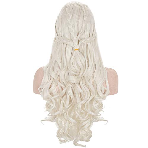 morvally Daenerys Dragon Queen Cosplay Wig for Khaleesi Long Curly Wavy Braids Hair Wigs for Women Costume Halloween Party(Light Blonde)