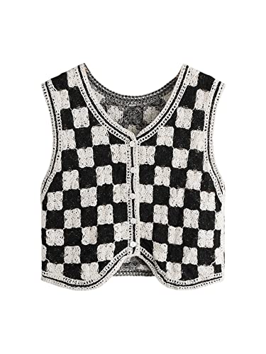Verdusa Women's Button Front V Neck Sleeveless Checkered Knit Sweater Vest Black and White M